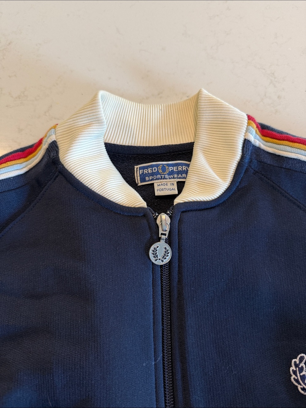 Fred Perry Vintage Navy Mens Zip Track Jacket with Rainbow Sleeve Stripes-M - Picture 2 of 6